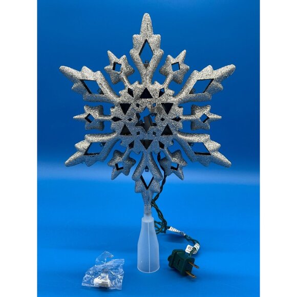 Glittery Silver Snowflake Christmas Tree Topper With Led Lights - Picture 2 of 5